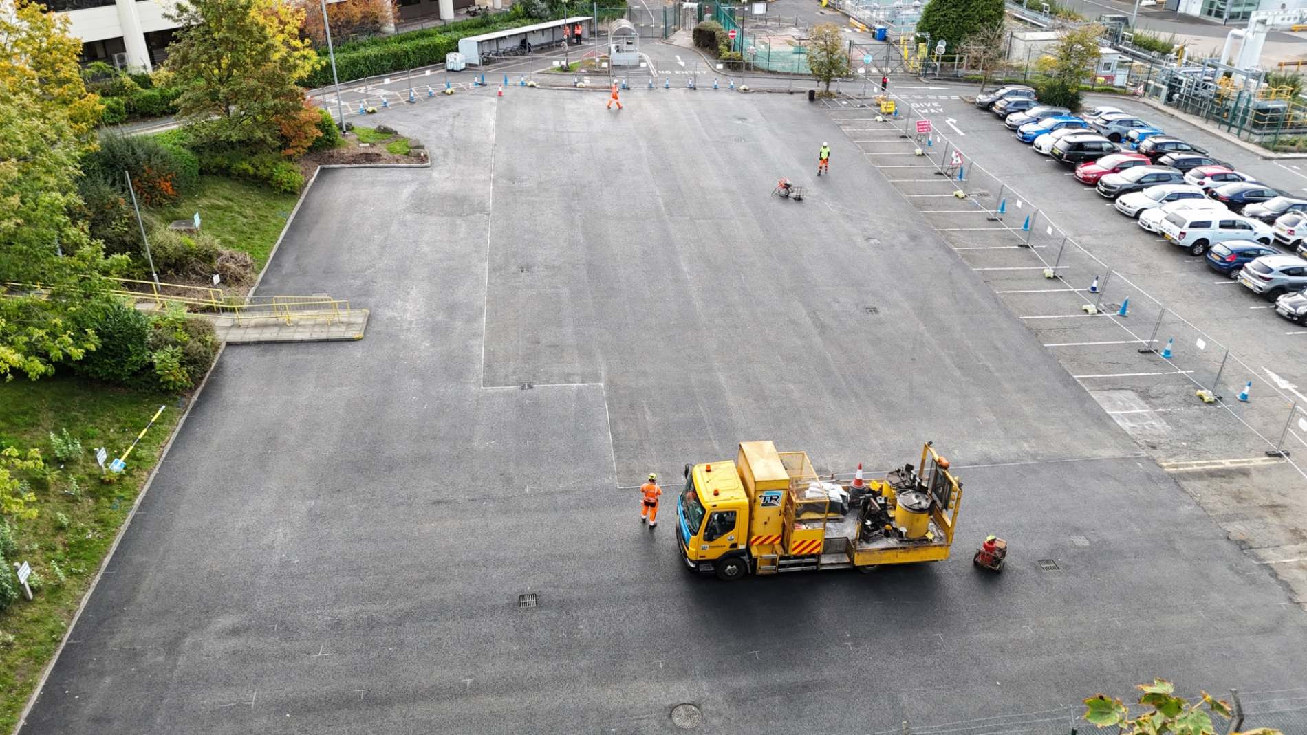 Resurfaced car park area at AstraZeneca in Macclesfield before new line markings were applied