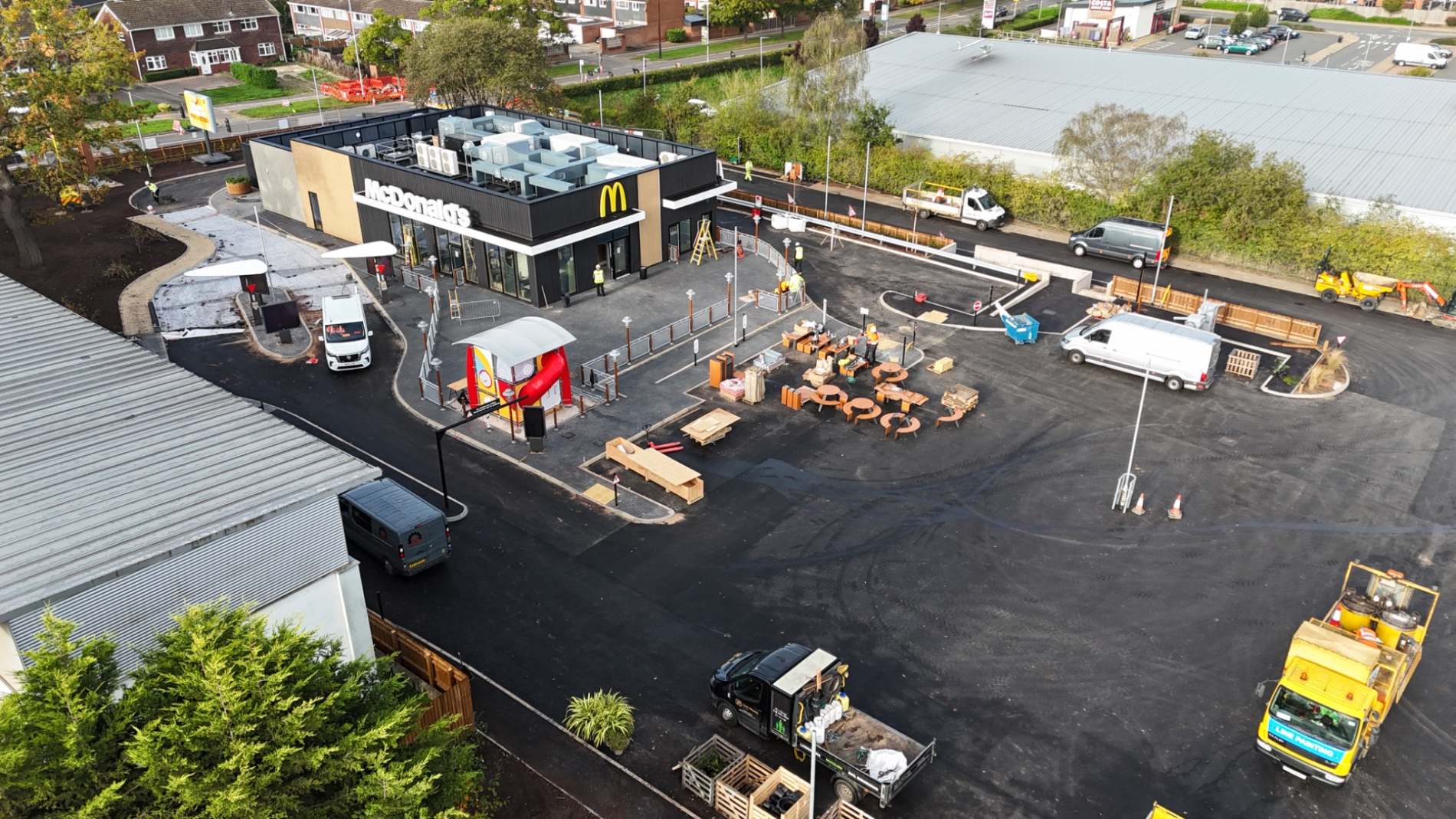 New McDonald’s restaurant in Lichfield with the car park before line marking