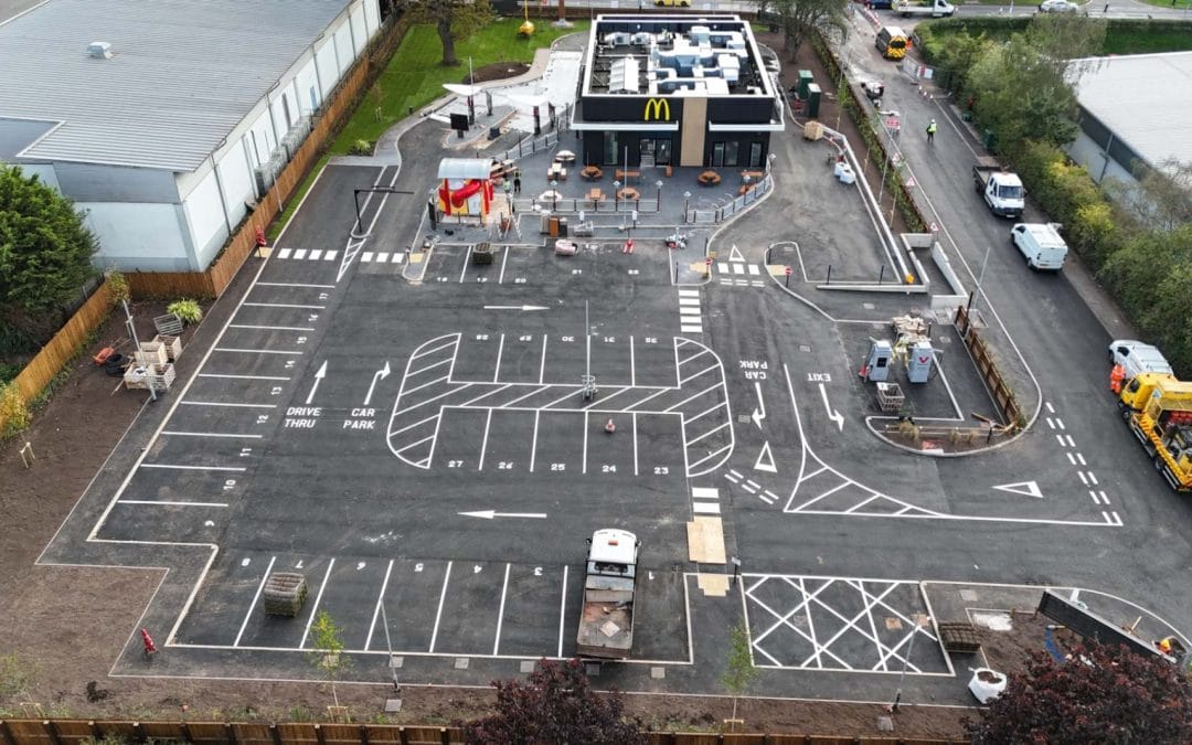Aerial view of new car park and drive-thru markings at McDonald’s in Lichfield, with numbered bays, arrows, hatching and crossings