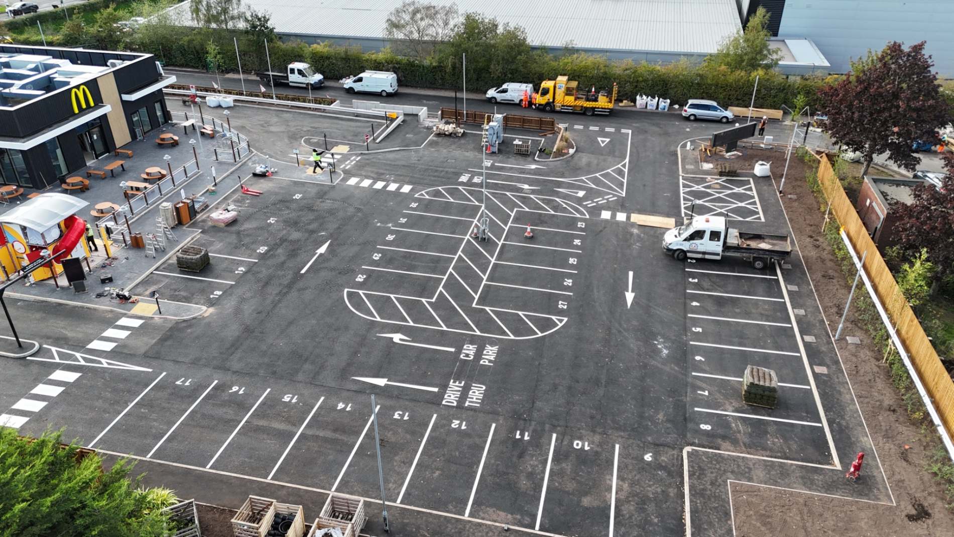 Numbered parking bays, directional arrows and pedestrian crossings at the new McDonald’s restaurant in Lichfield